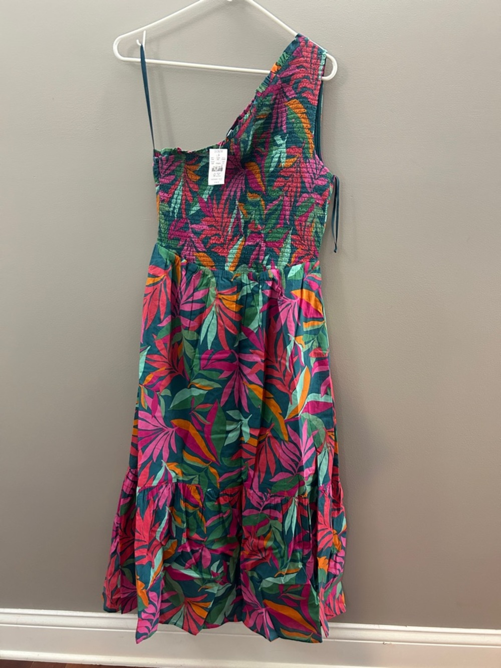 J. Crew One Shoulder smocked tropical Leaf Print Ruffle Dress NEW size small